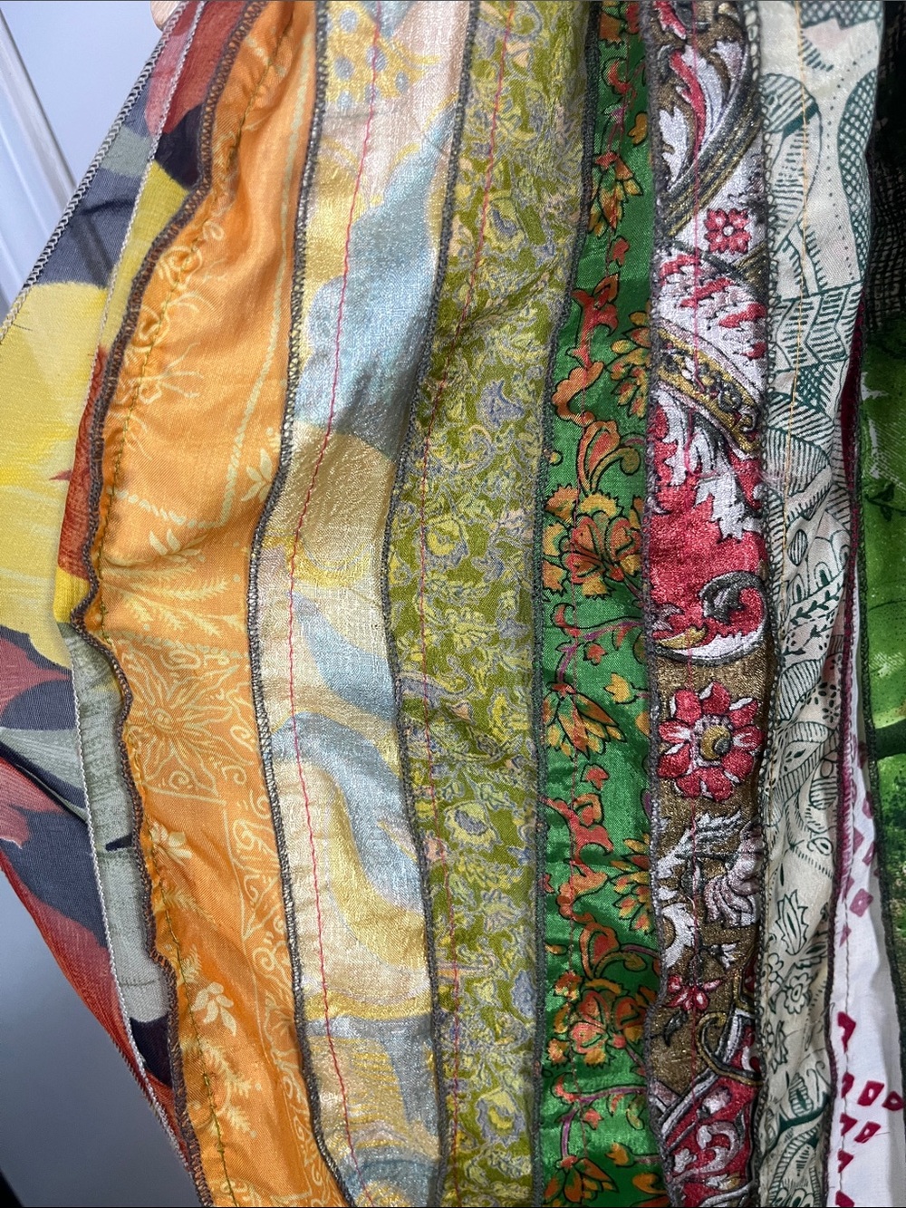 100% Silk Multicolor Strips patchwork mixed media boho vintage scarf - Picture 2 of 6
